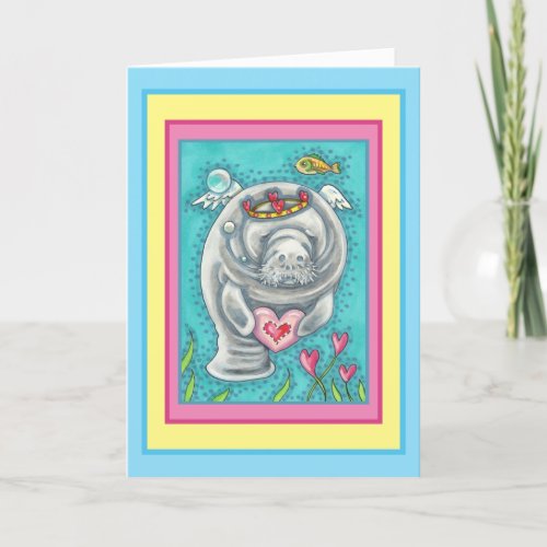 MANATEE CUPID BUBBLES  HEARTS COLORFUL VALENTINE HOLIDAY CARD