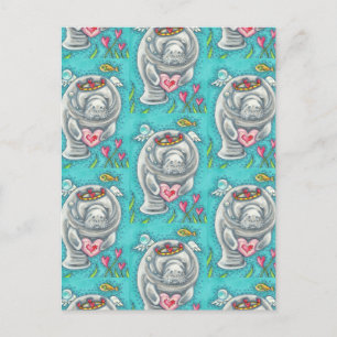 MANATEE CUPID, BUBBLES & HEARTS COLORFUL VALENTINE HOLIDAY POSTCARD