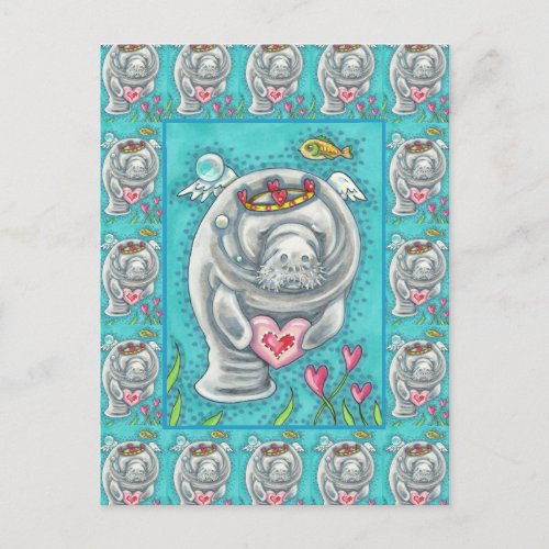 MANATEE CUPID BUBBLES  HEARTS COLORFUL VALENTINE HOLIDAY POSTCARD