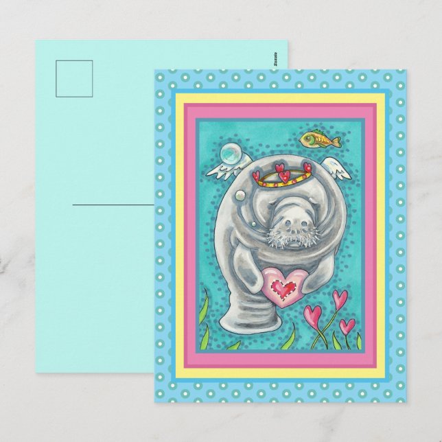 MANATEE CUPID, BUBBLES & HEARTS COLORFUL VALENTINE HOLIDAY POSTCARD (Front/Back)