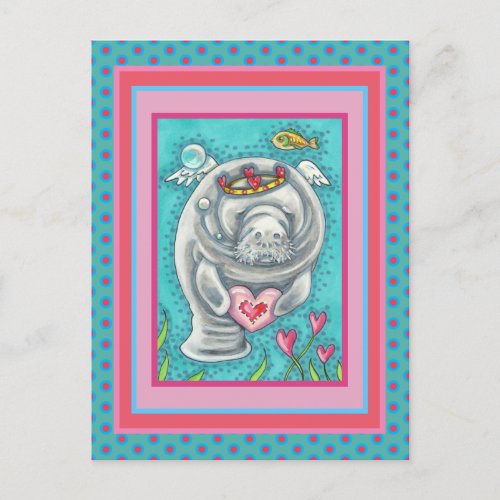 MANATEE CUPID BUBBLES  HEARTS COLORFUL VALENTINE HOLIDAY POSTCARD