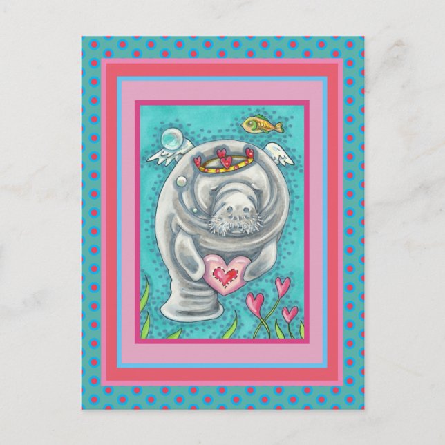MANATEE CUPID, BUBBLES & HEARTS COLORFUL VALENTINE HOLIDAY POSTCARD (Front)