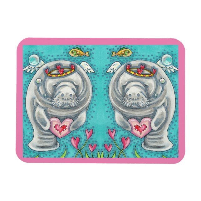 MANATEE CUPID, BUBBLES & HEARTS COLORFUL VALENTINE MAGNET (Horizontal)
