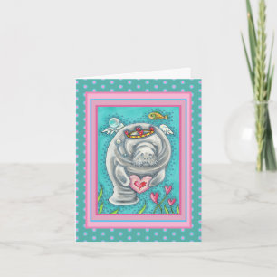 MANATEE CUPID, BUBBLES & HEARTS COLORFUL VALENTINE NOTE CARD
