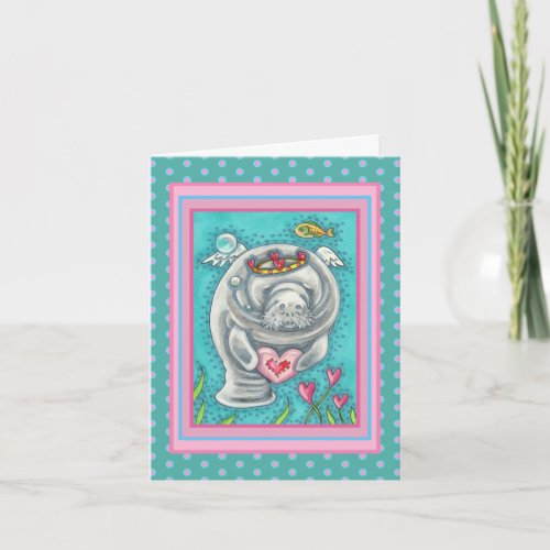 MANATEE CUPID BUBBLES  HEARTS COLORFUL VALENTINE NOTE CARD