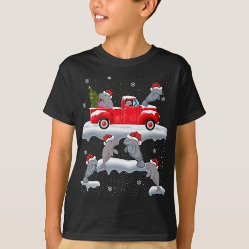 Manatee Driving Christmas Tree Red Truck Manatee C T_Shirt
