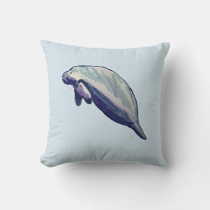 Manatee Florida Animal Painting Blue Throw Pillow