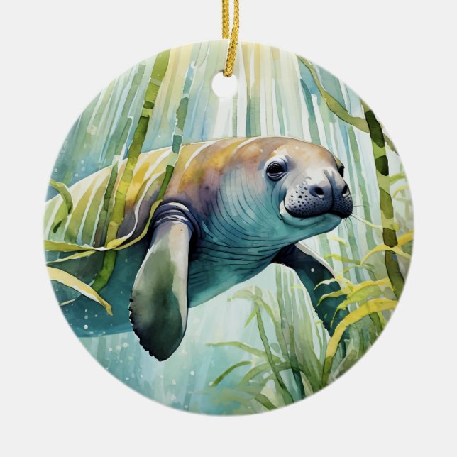 Manatee Florida Watercolor Ceramic Ornament (Front)