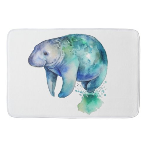 Manatee in blue and green water color bath mat