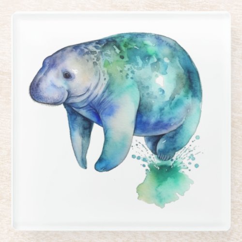 Manatee in blue and green water color glass coaster