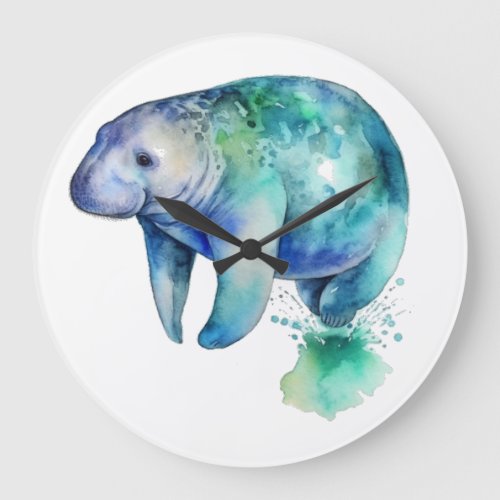 Manatee in blue and green water color large clock