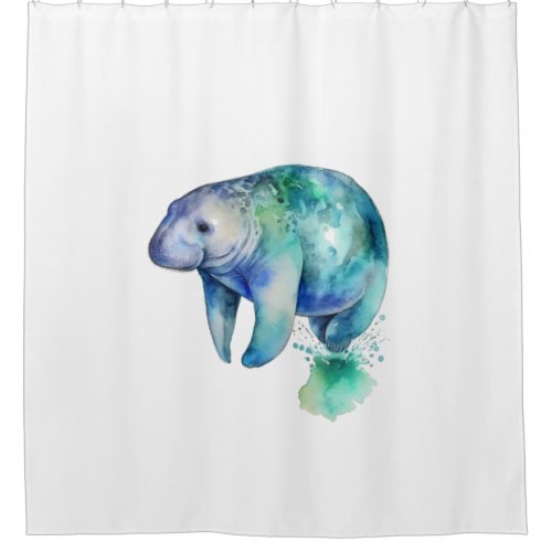 Manatee in blue and green water color shower curtain