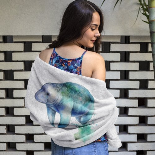 Manatee in blue and green watercolor bath towel