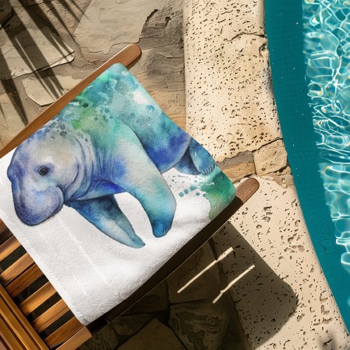 Manatee in blue and green watercolor bath towel set