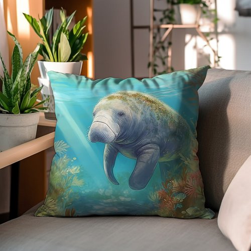 Manatee In The Sea   Throw Pillow