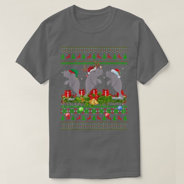 Manatee Lover Xmas Lighting Santa Ugly Manatee Chr T-Shirt (Design Front)