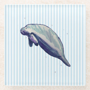 Manatee Painting Beach Decor Glass Coaster