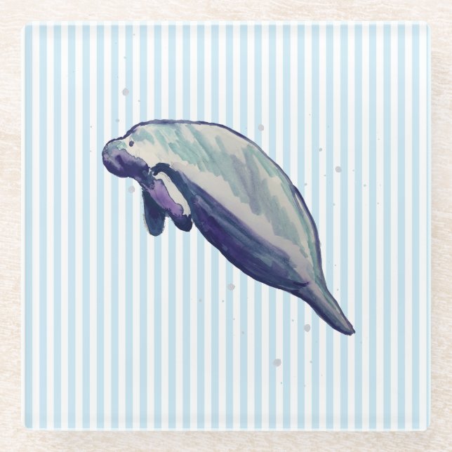 Manatee Painting Beach Decor Glass Coaster (Front)