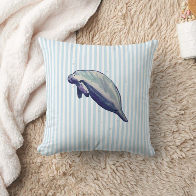 Manatee Painting Coastal Blue Stripe Throw Pillow (Blanket)