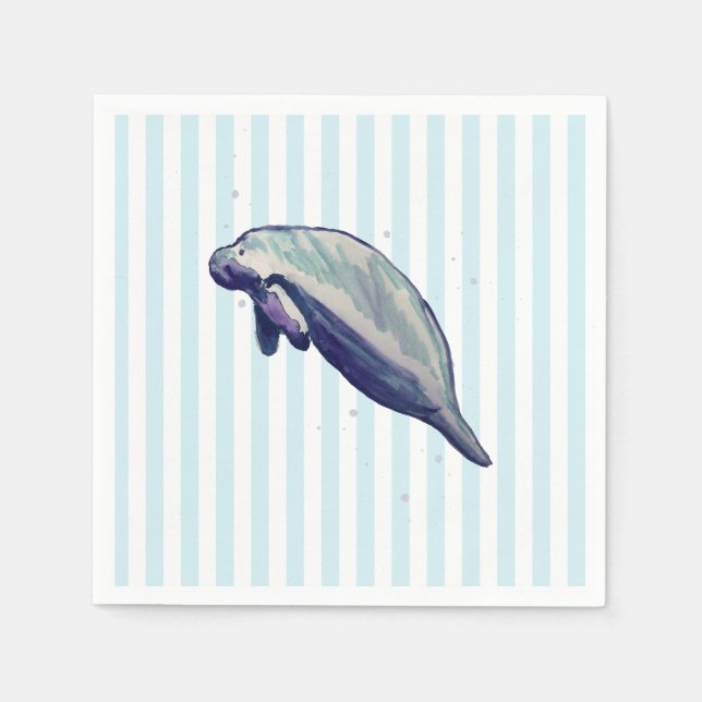 Manatee Painting Splashing Blue Stripe Napkins (Front)