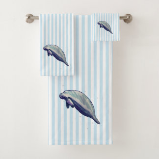 Manatee Painting Watercolor Blue Bath Towel Set