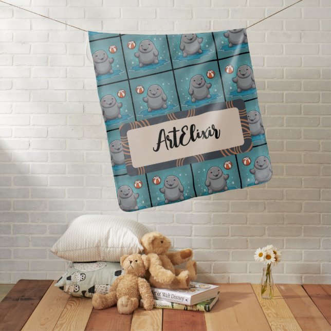 Manatee Playing Orange Ball Print Baby Blanket (In Situ)