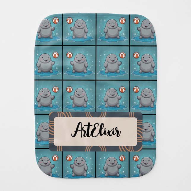 Manatee Playing Orange Ball Print Baby Burp Cloth (Front)