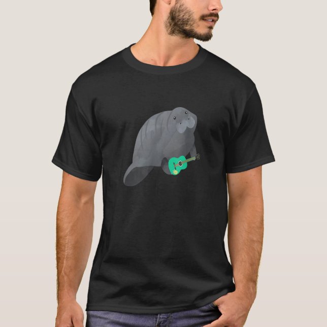 Manatee Playing Teal Ukulele Guitar Hawaii Florida T-Shirt (Front)