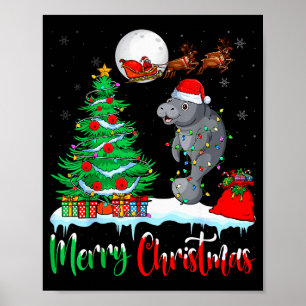Manatee Santa Hat Xmas Tree Merry Christmas Manate Poster