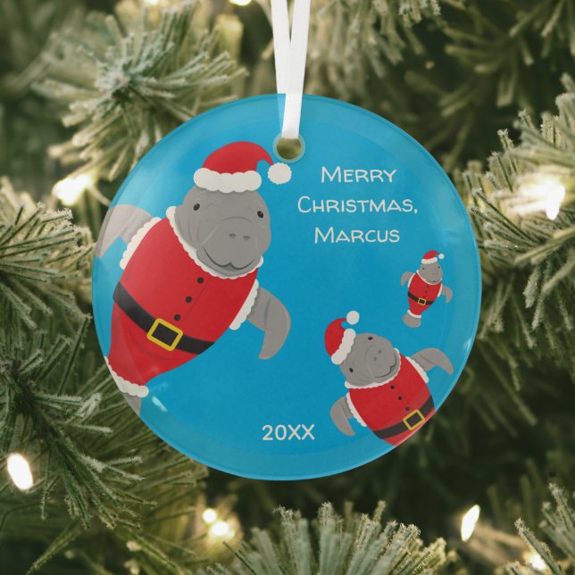 Manatee Santa Outfits Name Christmas Glass Ornament (Insitu)