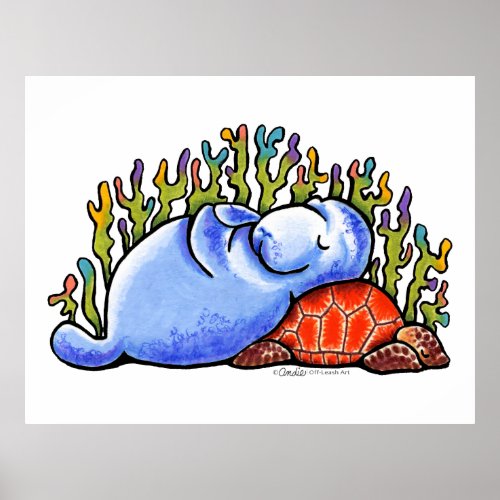 Manatee Sea Turtle Slumber Party by Off_Leash Art Poster