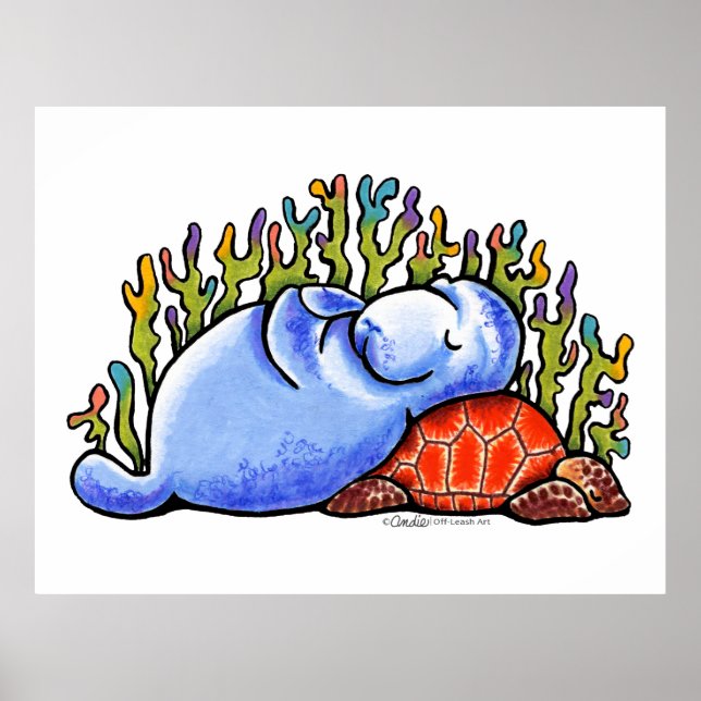Manatee Sea Turtle Slumber Party by Off-Leash Art Poster (Front)