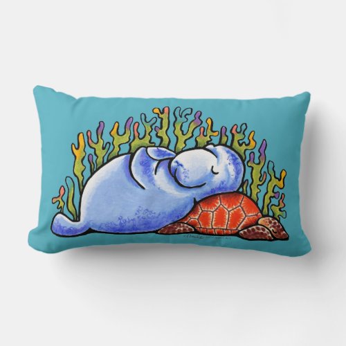 Manatee Sea Turtle Slumber Party Ocean Blue Lumbar Pillow