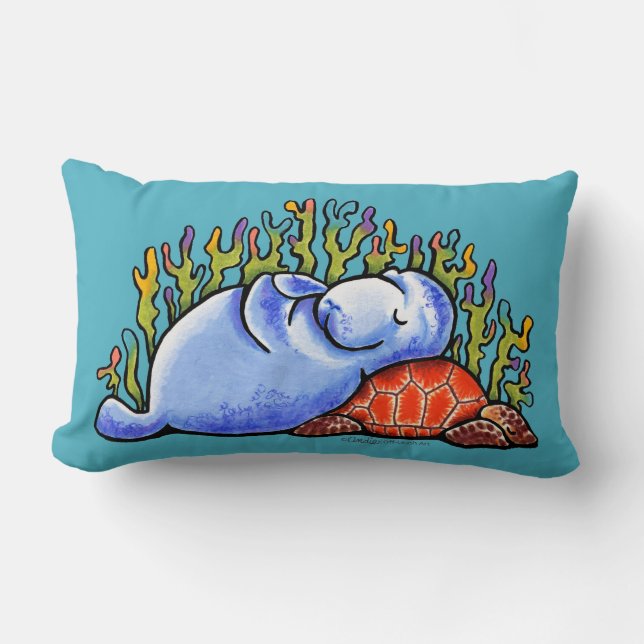 Manatee Sea Turtle Slumber Party Ocean Blue Lumbar Pillow (Front)