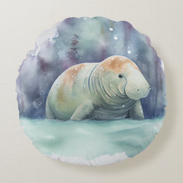 manatee, snow, watercolor round pillow (Front)