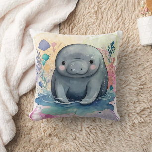 Manatee Watercolor Print  Throw Pillow