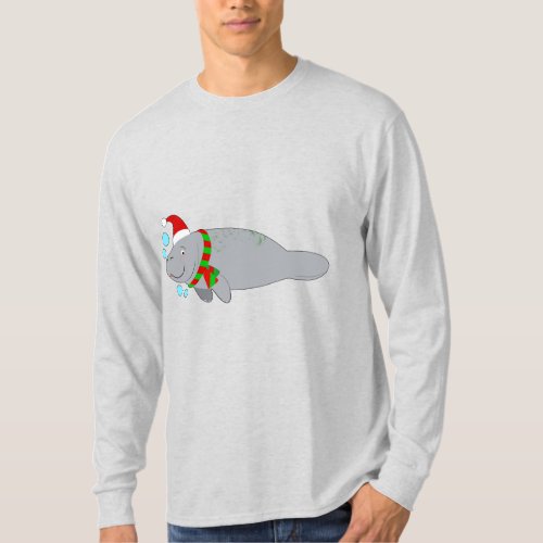Manatee with Santa Hat and Scarf T_Shirt