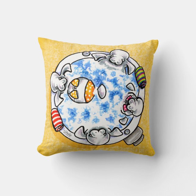 Manatees Hot Tub Fun Off-Leash Art™ Throw Pillow (Front)