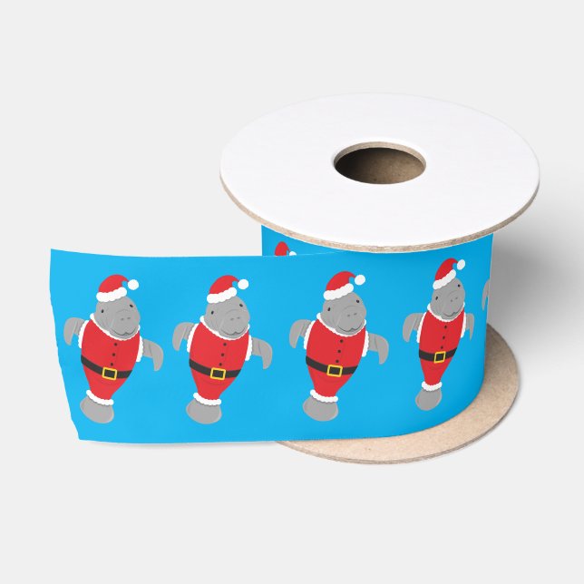 Manatees in Santa Outfits Cartoon Christmas Satin Ribbon (Spool)