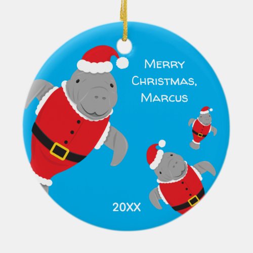 Manatees in Santa Outfits Merry Christmas Name Ceramic Ornament