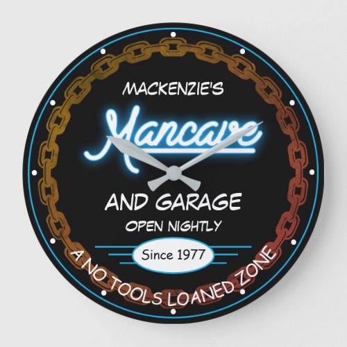 Mancave and Garage Name Date Chain Blue on Black   Large Clock