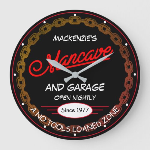 Mancave and Garage Name Date Chain Red on Black   Large Clock
