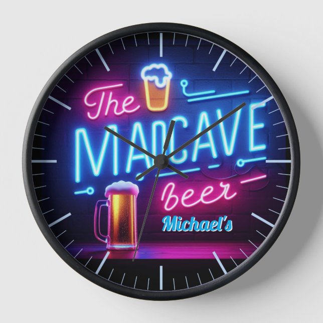 Mancave Bar Clock Neon Beer Custom Name Dads (Front)