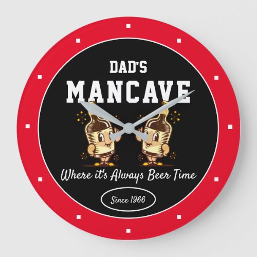 Mancave Dads Any Name Black Red Beer  Large Clock