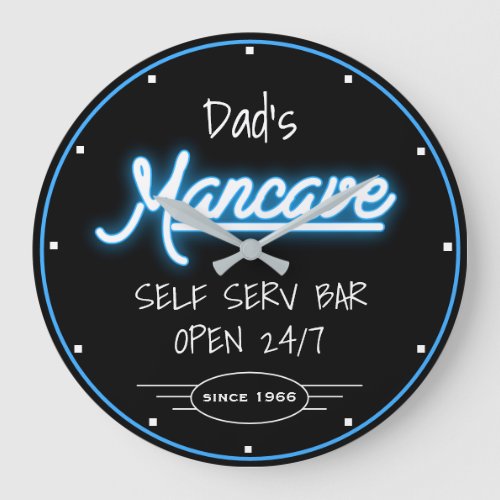 Mancave Neon Blue Script Dads Any Name Bar Retro Large Clock