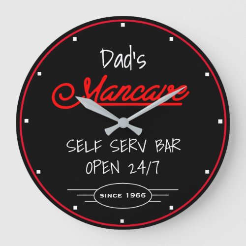 Mancave Red Script Dads Any Name Black Bar Large Clock