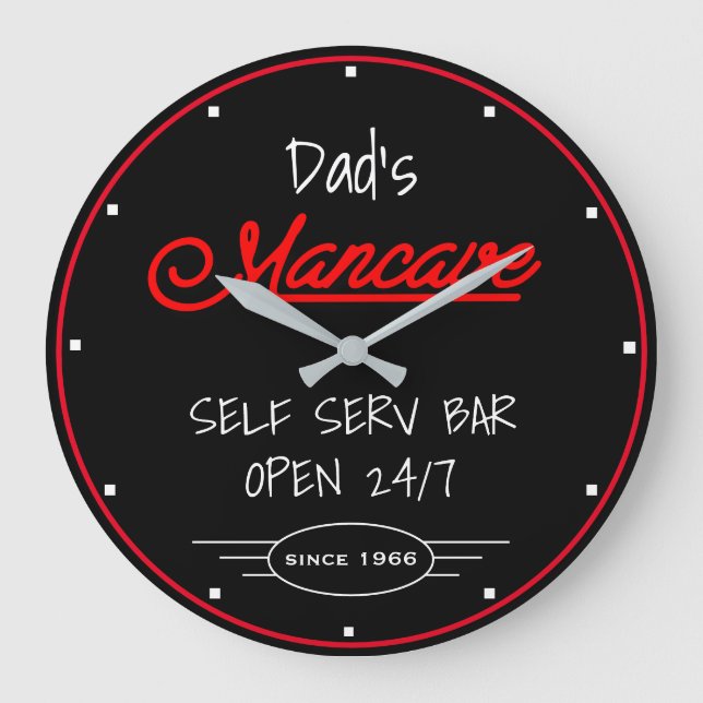 Mancave Red Script Dad's Any Name Black Bar Large Clock (Front)