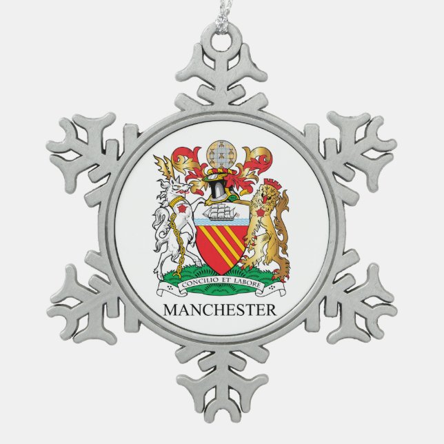Manchester coat of arms snowflake pewter christmas ornament (Front)