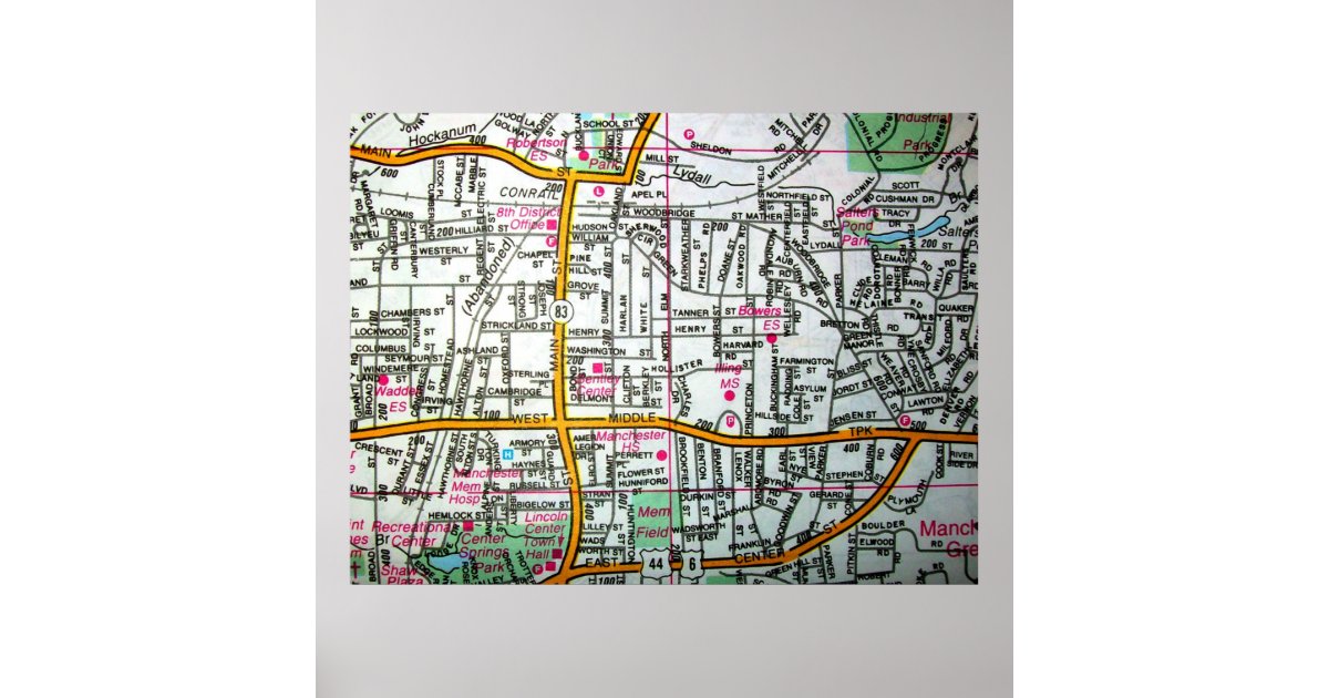 MANCHESTER, CT Vintage Map Poster Zazzle