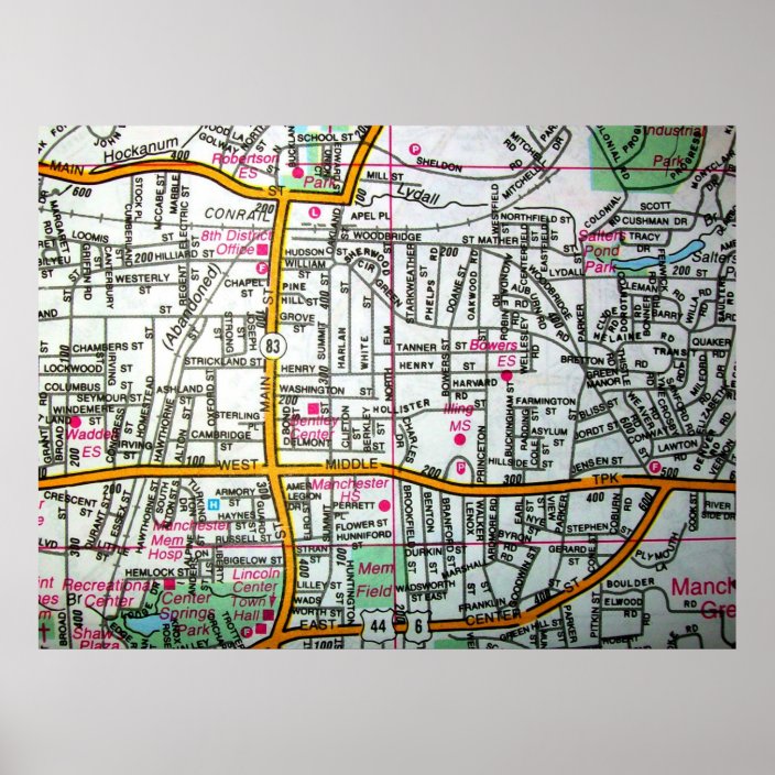 MANCHESTER, CT Vintage Map Poster Zazzle
